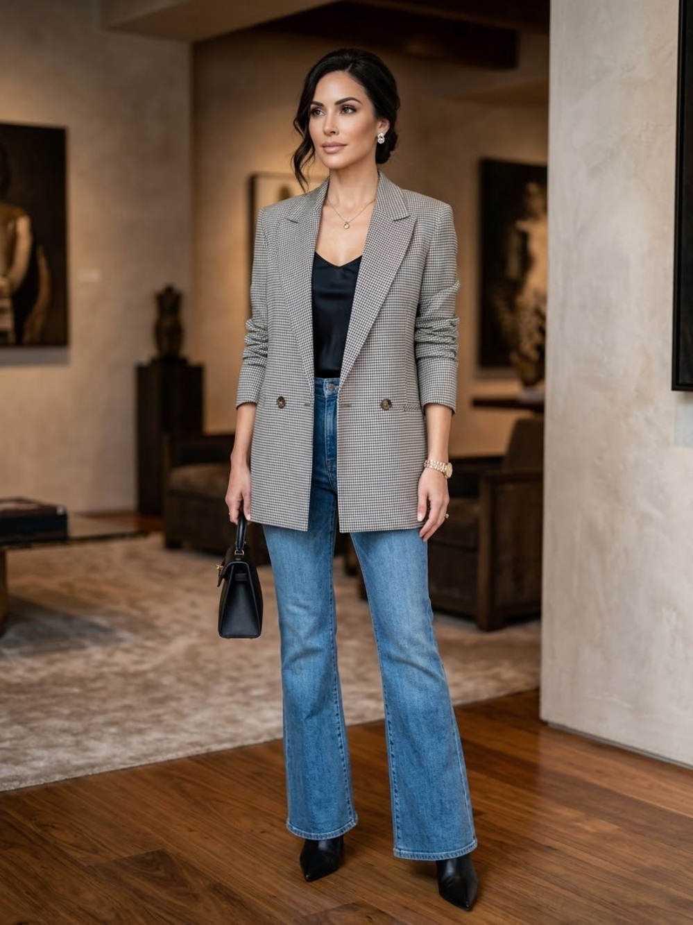 Mango women’s Blazer Size Large Gray Check Double Breasted Jacket